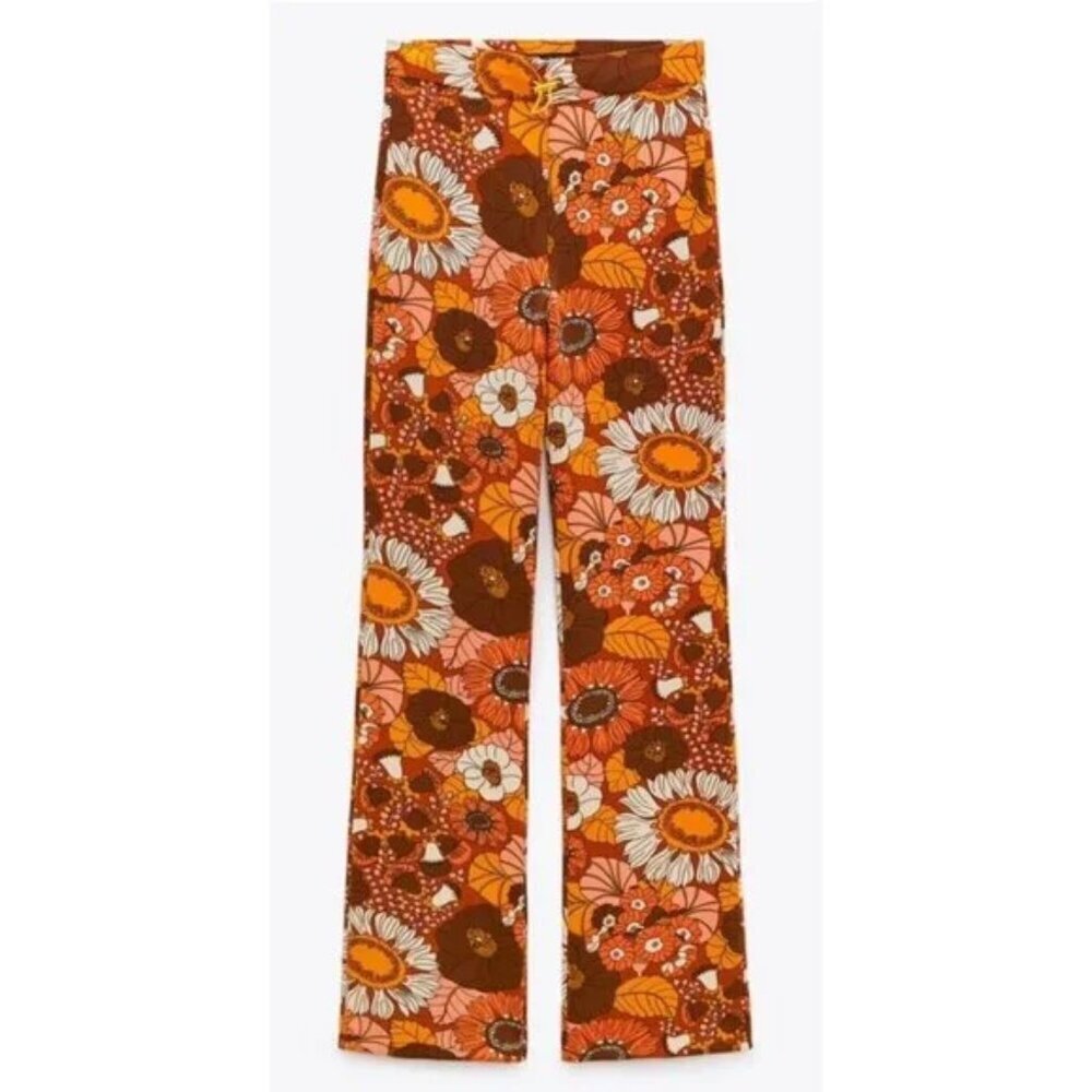 Zara Women's High Rise Orange & White Floral Retro‎ Hippie Flare Pants Size L